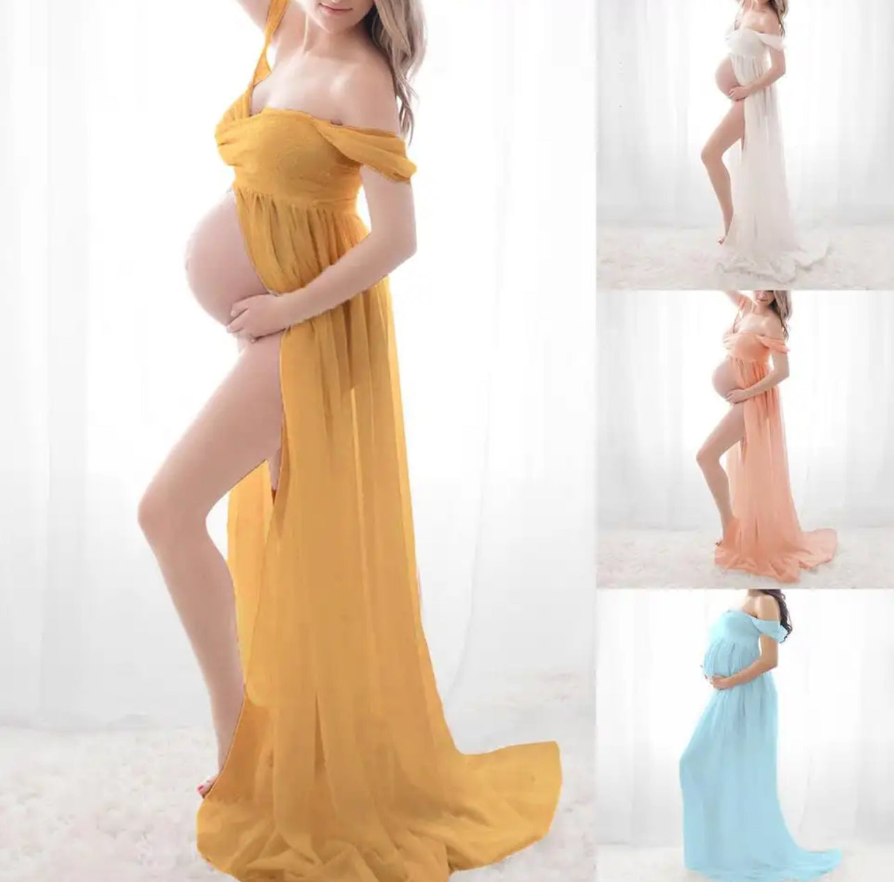 Maternity Off Shoulder Chiffon Gown, Lace Split Front, Maxi Dress