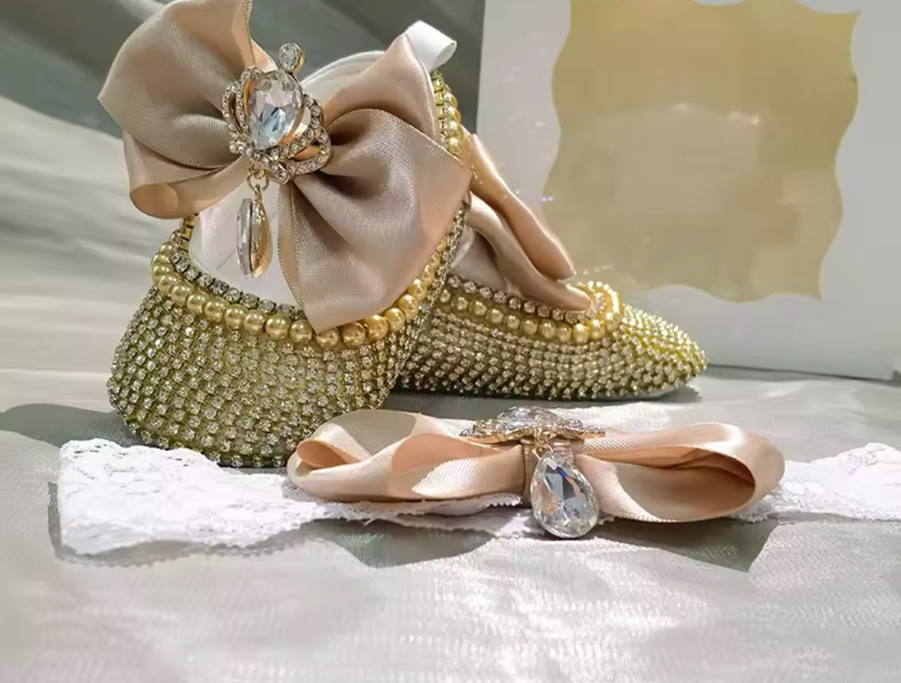 “Gold Beading” Handmade 1st Pair, Crib Shoes