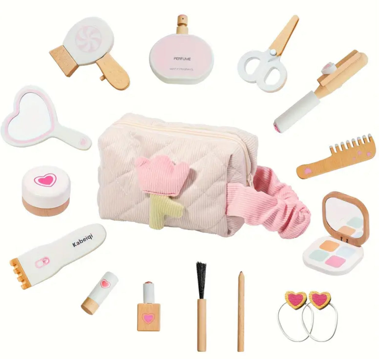 Kit de maquillaje de madera, juego de simulación de salón de belleza, cosméticos y bolsa de almacenamiento para niños de 3 años en adelante