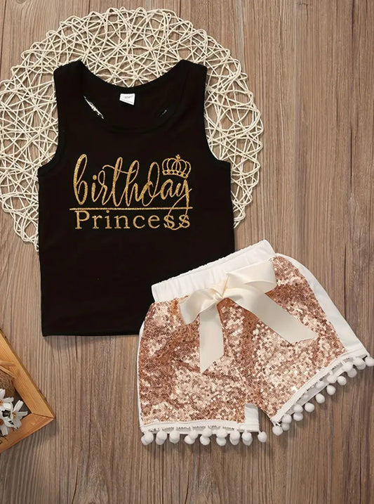 Conjunto de 2 piezas de camiseta sin mangas y pantalones cortos con lentejuelas con estampado de princesa del cumpleaños para niñas