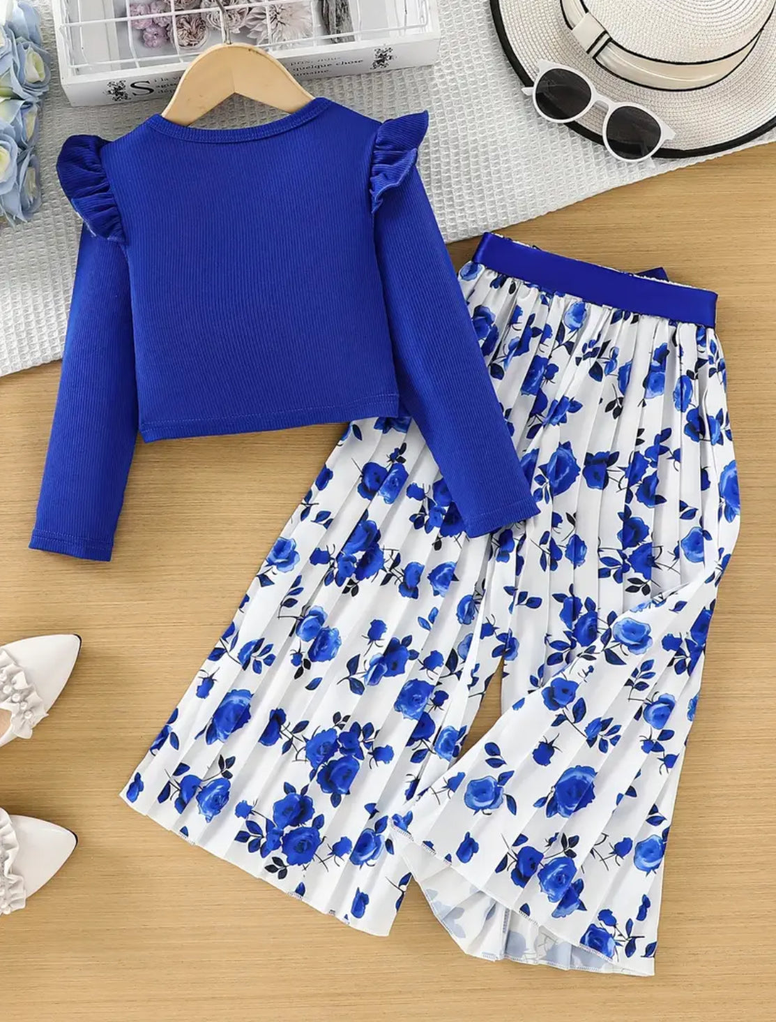 Girls ‘BLUE ROSES’ Jumpsuit Round Neck Top with Floral Pattern And Wide Leg Pants with Belt