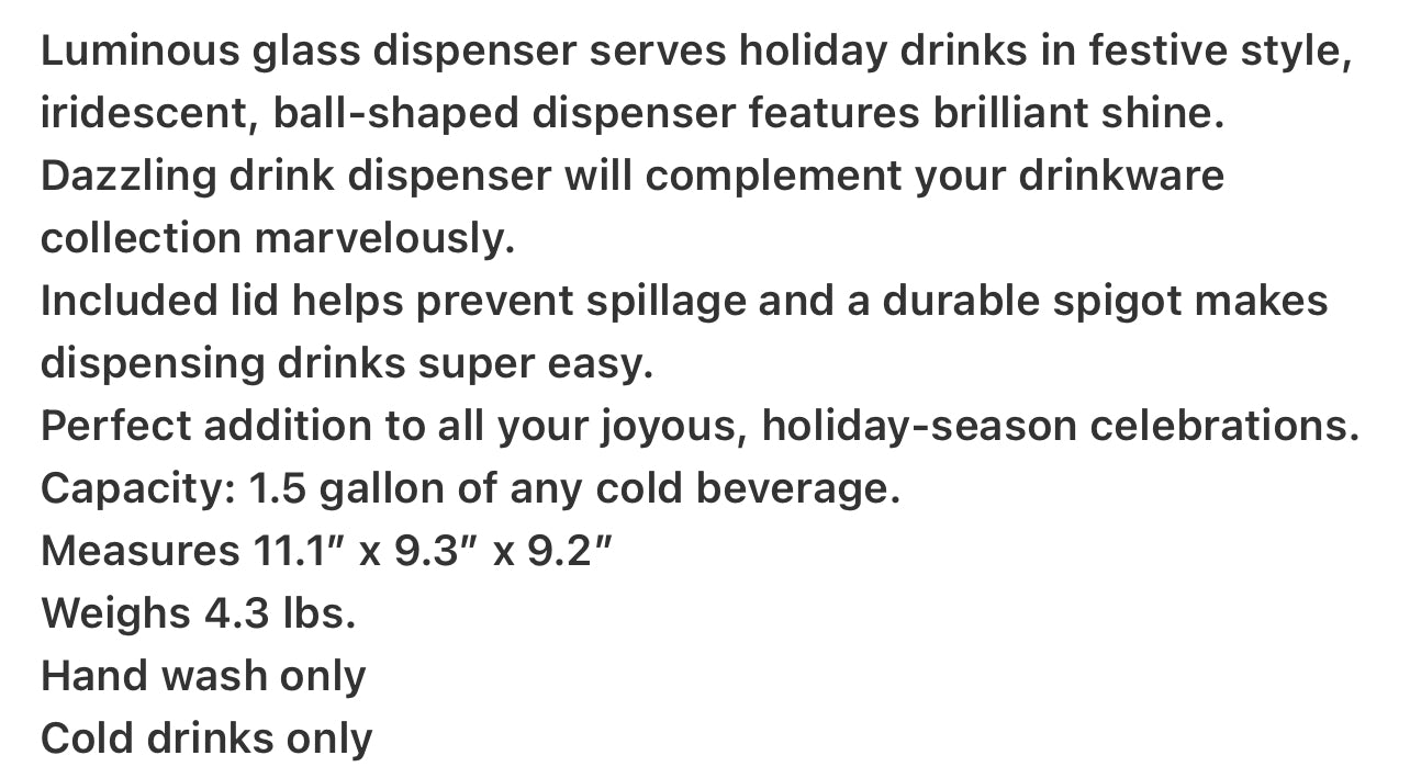 “Holiday Glass Ornament” 1.5-Gallon Beverage Dispenser