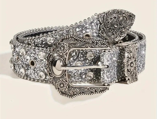 Vintage Western, Rhinestones & Glitter Buckle PU Leather Belt