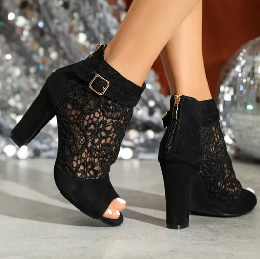 Black Floral Mesh Peep-Toe Shoes with Chunky Heel and Back Zipper Ankle Booties