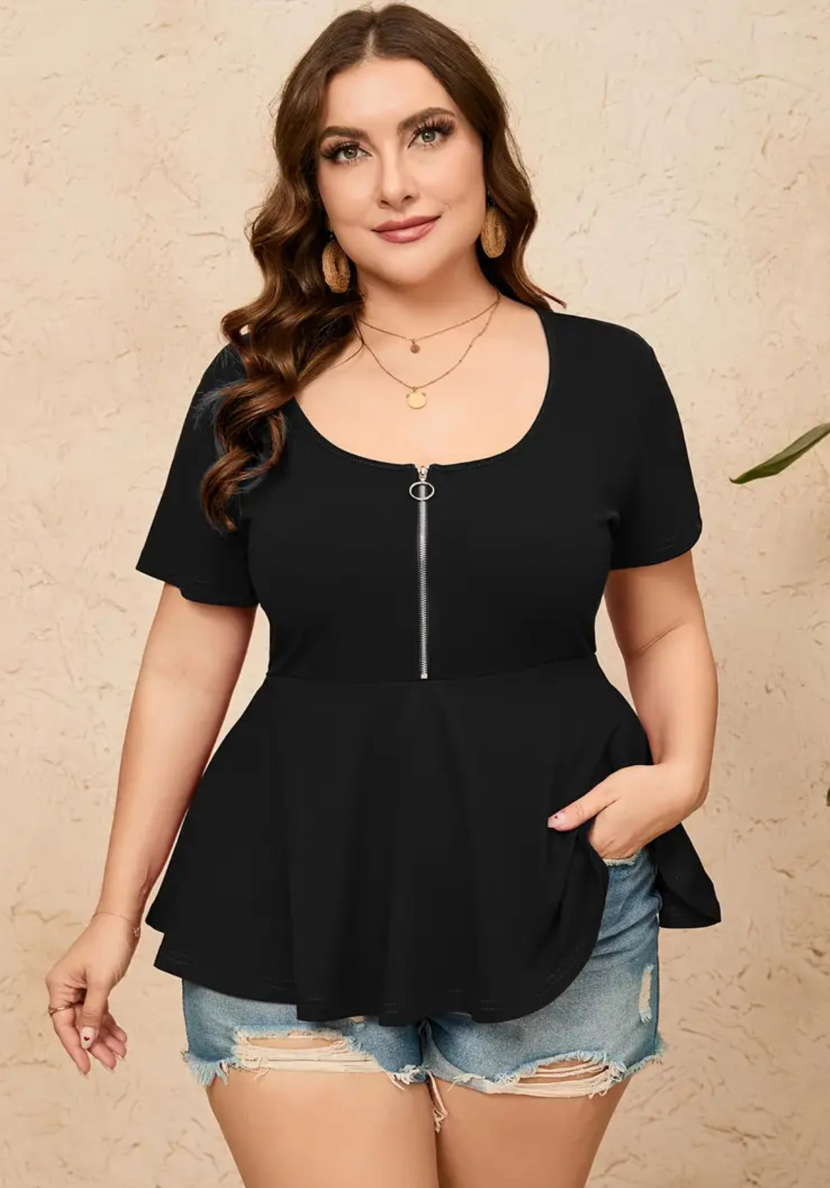 “Zip Up” Casual Ruffle Hem Short Sleeve Top, up to 5xl