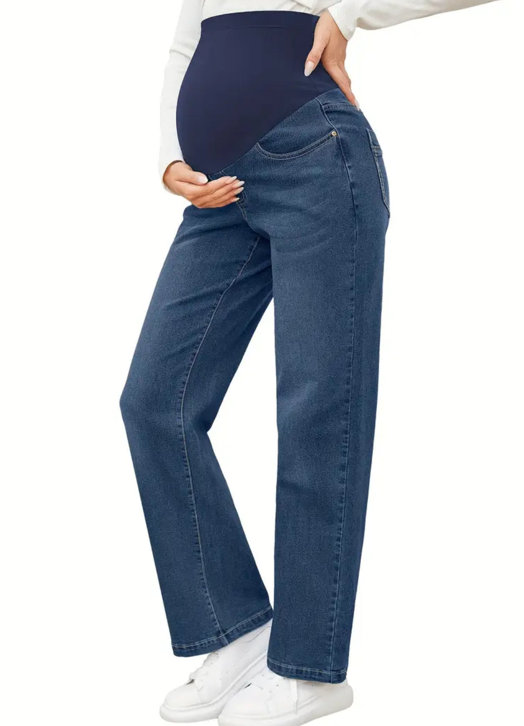 Relaxed Fit Maternity Jeans - Straight Leg Over Belly with Pockets