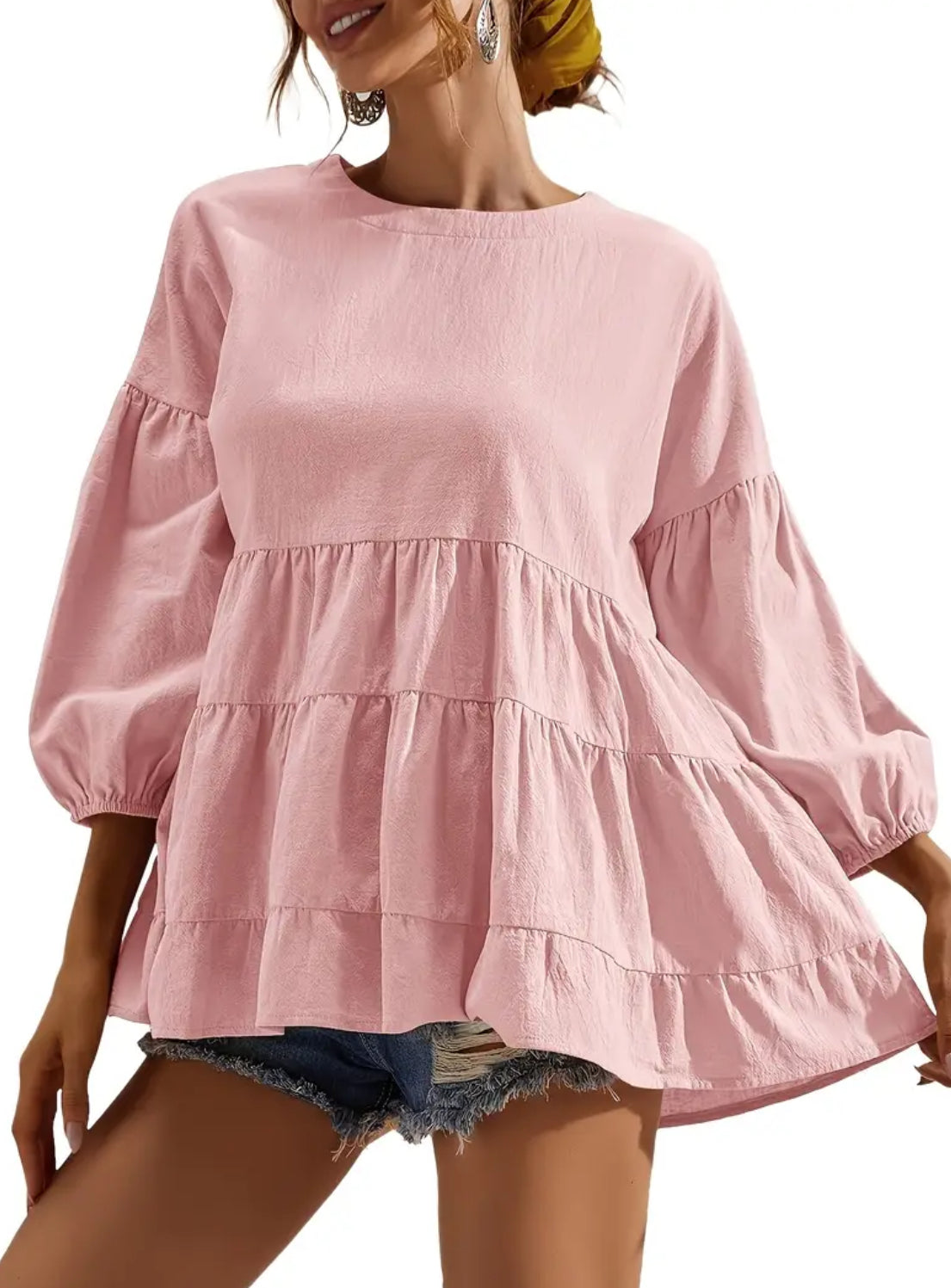 Women's ‘Babydoll’ Peplum Lantern Sleeve Crewneck Loose Dress