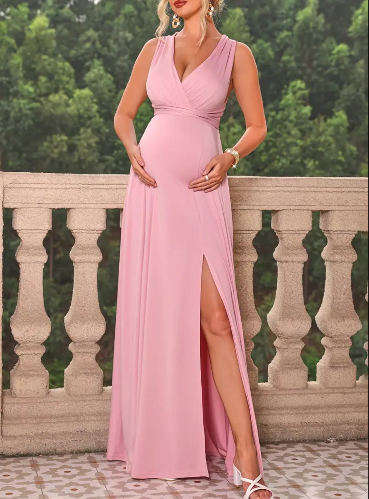 Women's Maternity Backless Split Dress with Waist Belt - Sexy and Stylish Maternity Wear