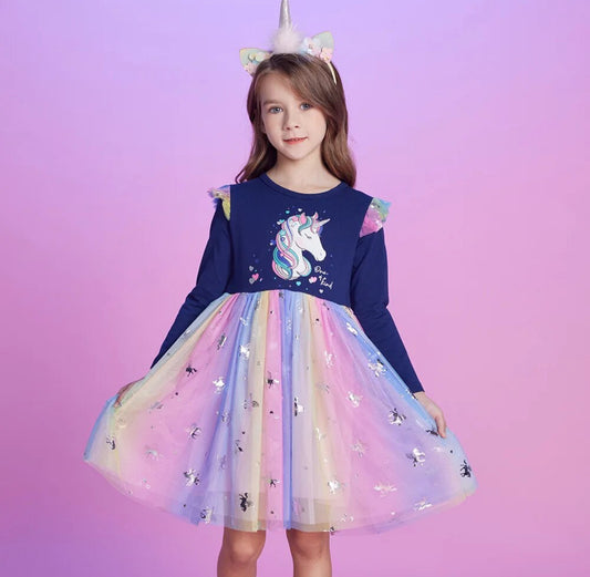 Nuevo vestido de unicornio para niñas, vestido de malla con colores de algodón de azúcar, colección Modish ✨ Glam