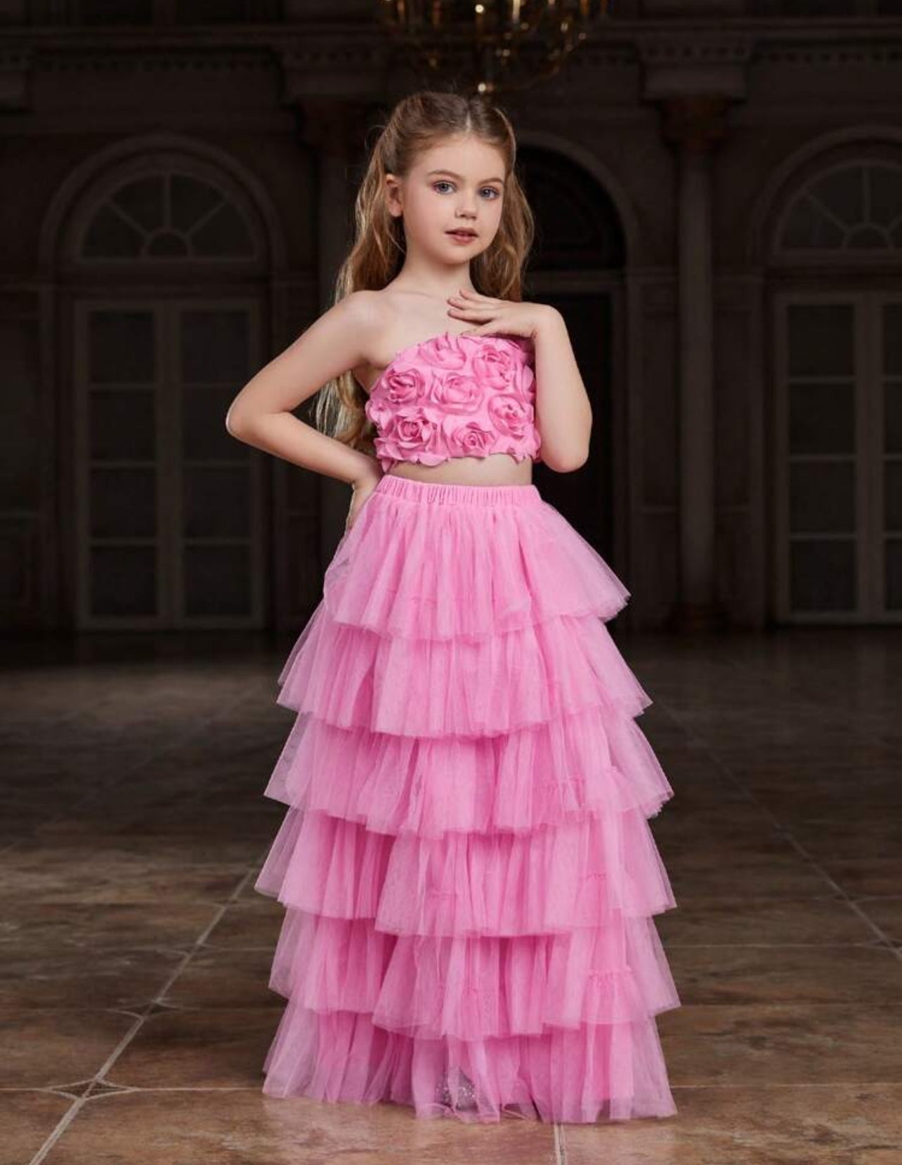 Tween Girl Sequined Strapless Top And Layered Tulle Skirt Party Set