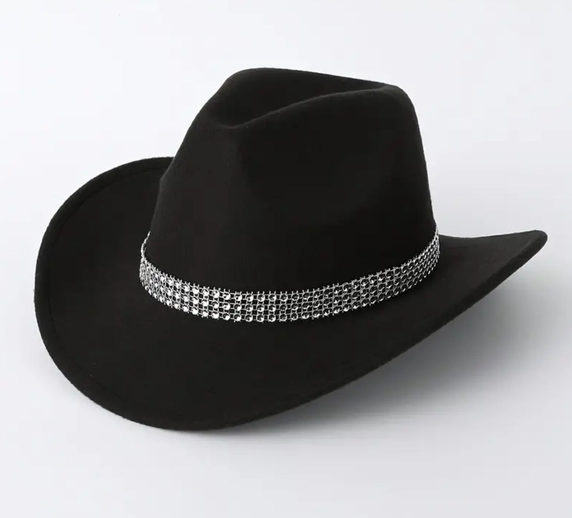 Felt Country Cowboy Hat- Wide Brim, Rhinestone Band,Perfect for Fashionistas and Music Lovers