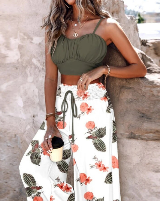 Shirred Cami Top & Tropical Printed Wide Leg Pants Set