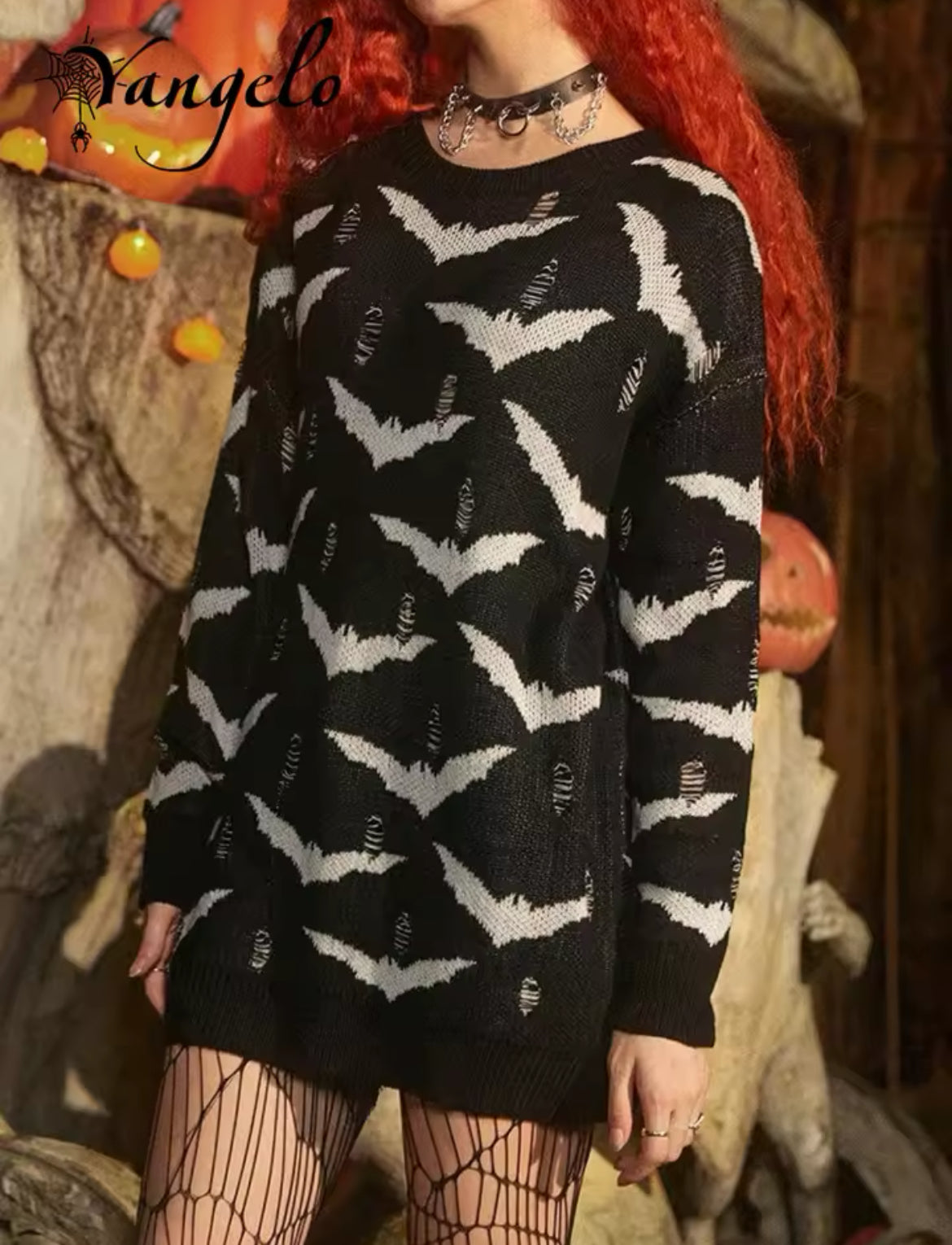 “Grunge” Dark Gothic Bat Pattern Knitted, Loose Street Torn Pullover