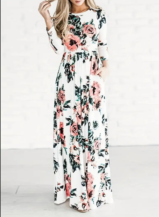 Elegante vestido largo de cintura alta con estampado floral 🌷