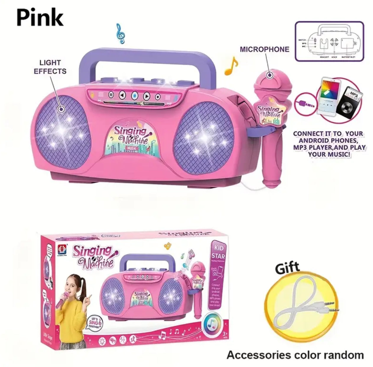 Kids Boombox + Microphone & Lights. Portable Lightweight Karaoke Instrument Toy, Plastic, Battery Operated (AA) Ideal Birthday Gift