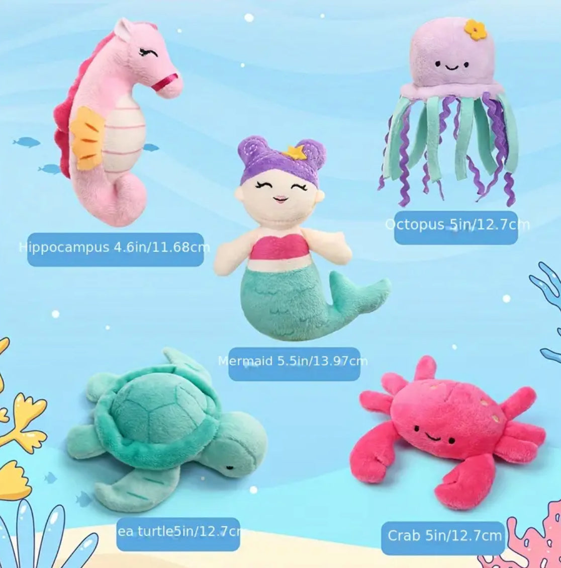 5 Pack Small Sea Creature Plush Toys and Shell Carrying Bag Set, Cute Plushies 0-10 Years