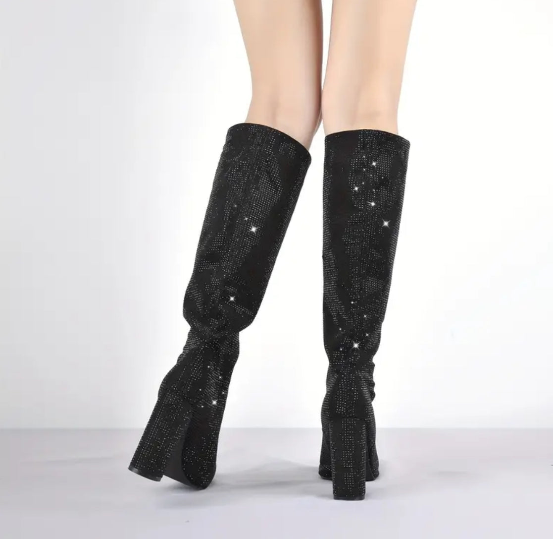 Sparkling Rhinestone Knee-High Boots - Black Pointed-Toe Block Heel