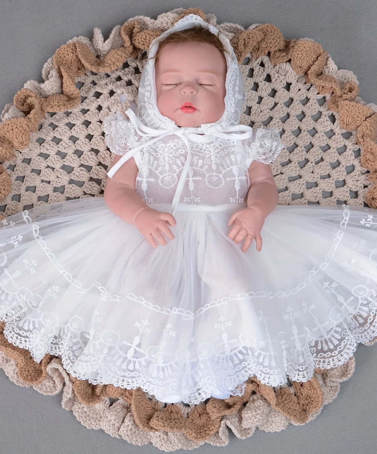 60% OFF, Baby Girls Lace Mesh Princess Christening Dress & Bonnet