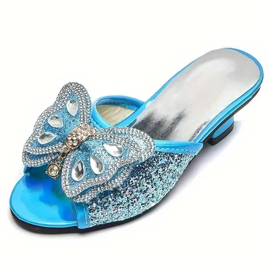 “Butterfly 🦋 Kisses” Girls High Heel Shoes - Shiny Rhinestone, Slip-On, Comfortable, Trendy, Cute, Lightweight Fashionable Design