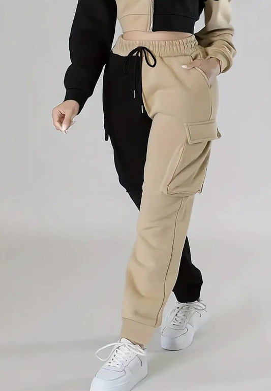 “Gemini” Casual Drawstring Pants Set, Flap Pockets, Color Block Cargo Pants