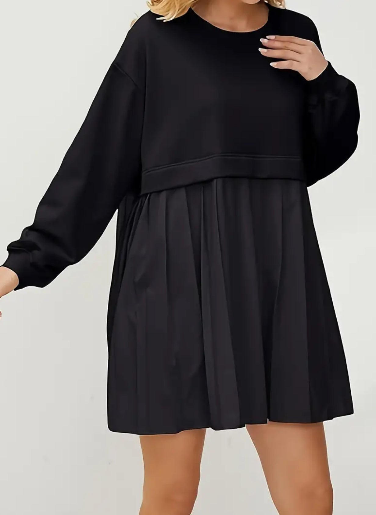 Timeless, Drop Shoulder Solid Loose, Pleated Long Sleeve Dress