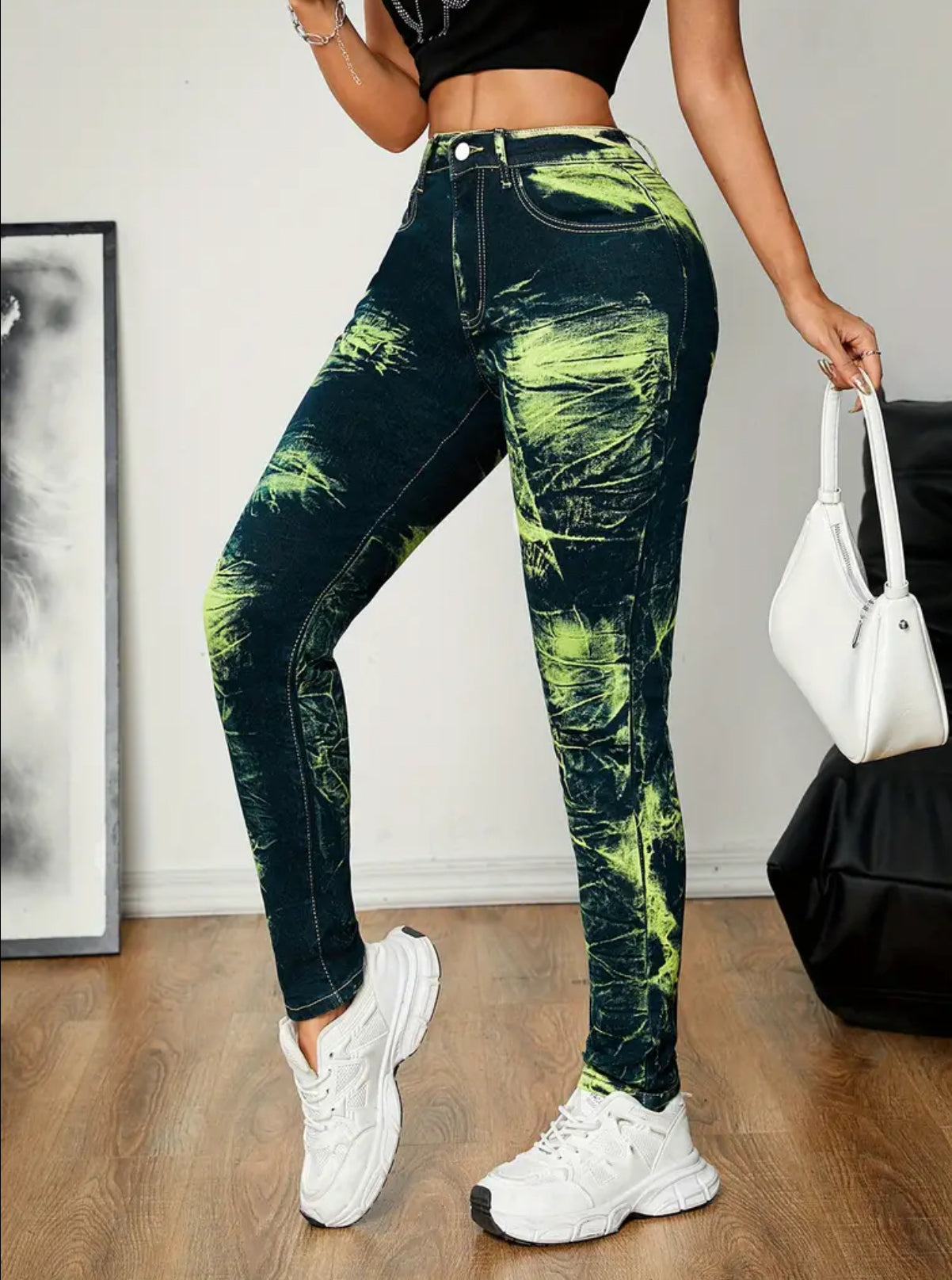 “Tie Dye Neon” High Waist Elastic Hip Lifting Versatile Denim Pants