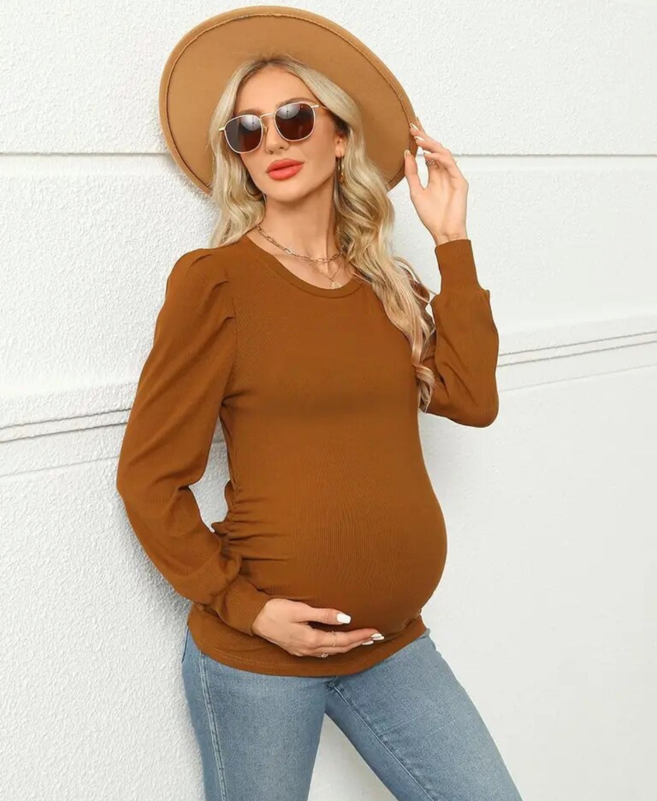 Baby 🌙🌟 Bumps Maternity Collection, Carmel Macchiato, Solid Textured Sweatshirt, Puff Sleeve Crew Neck Top