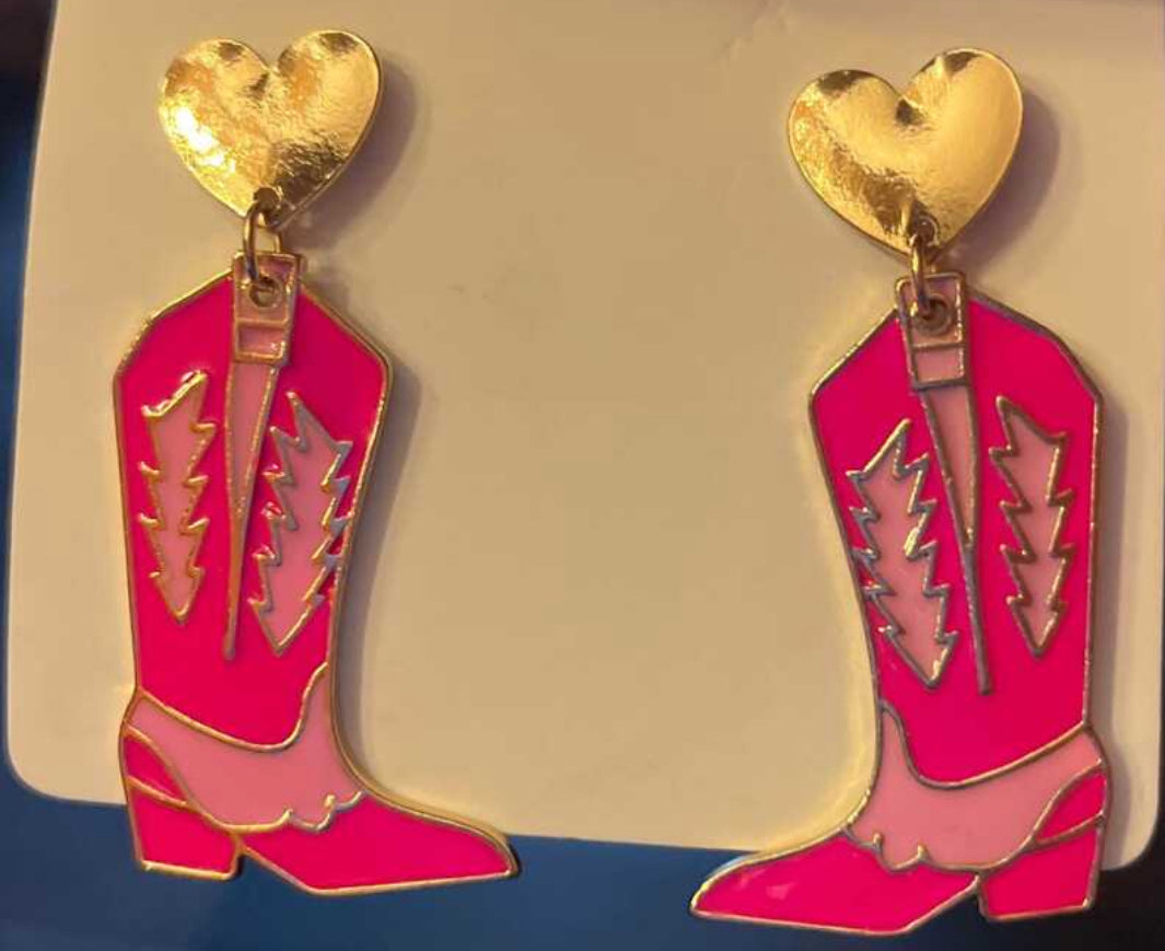 Bohemian Boot Shape Dangle Earrings With Pink Design, Alloy Gold Heart