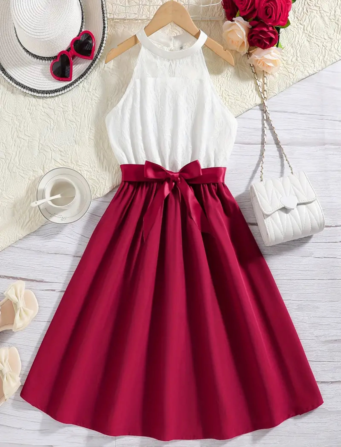 Elegant Girls Halter Neck Sleeveless Dress With Bow Belt