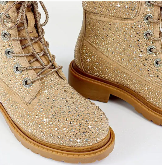 “Rhinestone Combat” Lace Up, Booties For Women