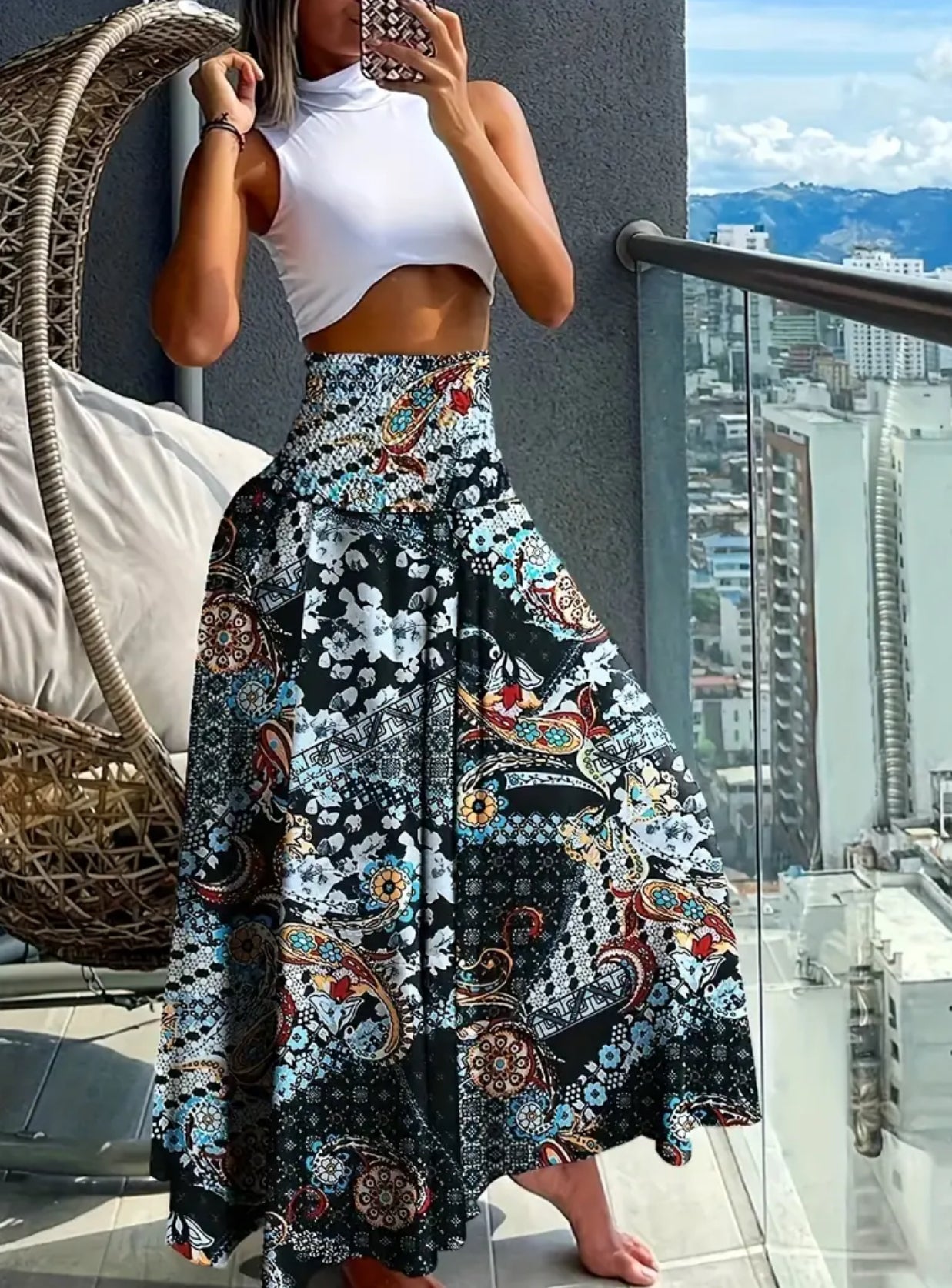 “Boho Floral” Shirred Waist, Floor Length, Wide Leg Pants 🔹