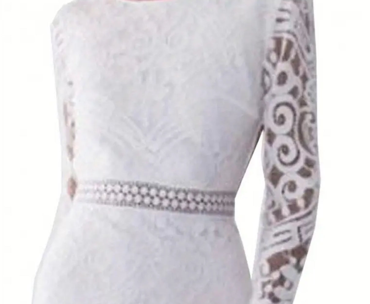 “White Oleander” Lace, Backless Long Sleeve Bodycon Ruffle Hem Dress