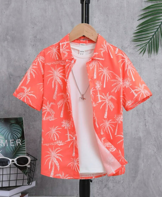 Coconut Tree, Down Collar Short Sleeve Woven Shirt