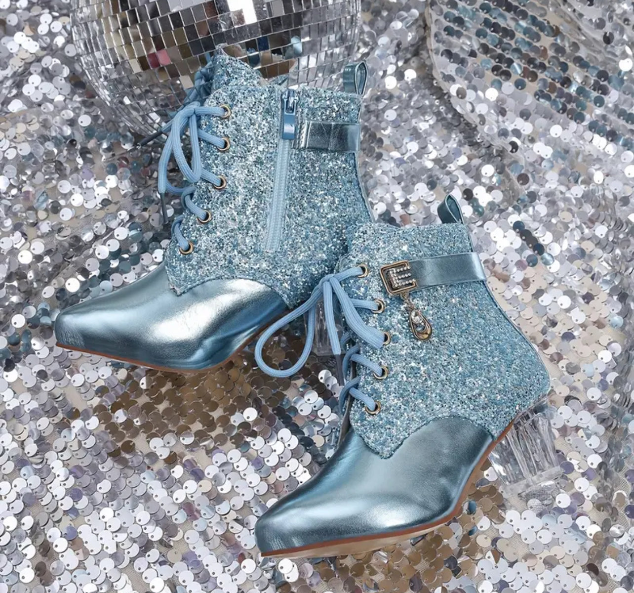 Sparkling Lace-Up Ankle Boots with Crystal Chunky Heel - Pointed Toe, Side Zipper, PU Cover, Posh 💋 Women’s & Teens