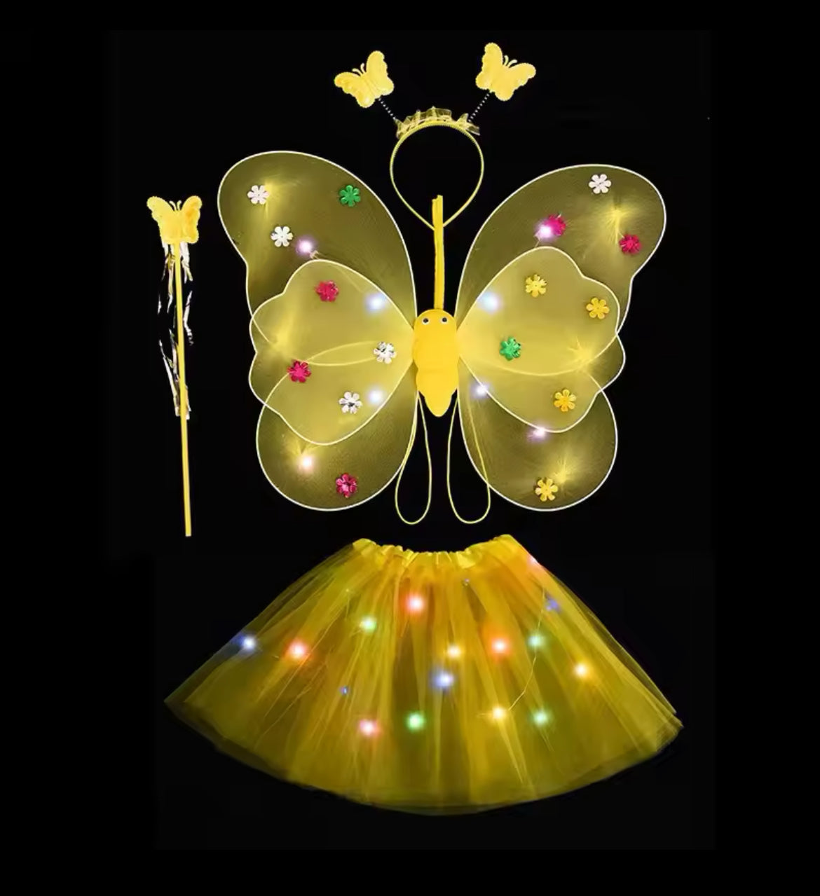 Girl's LED Fairy Costume Set, Butterfly Wings + Tutu Skirt Headband, Wand, 3Y-14Y