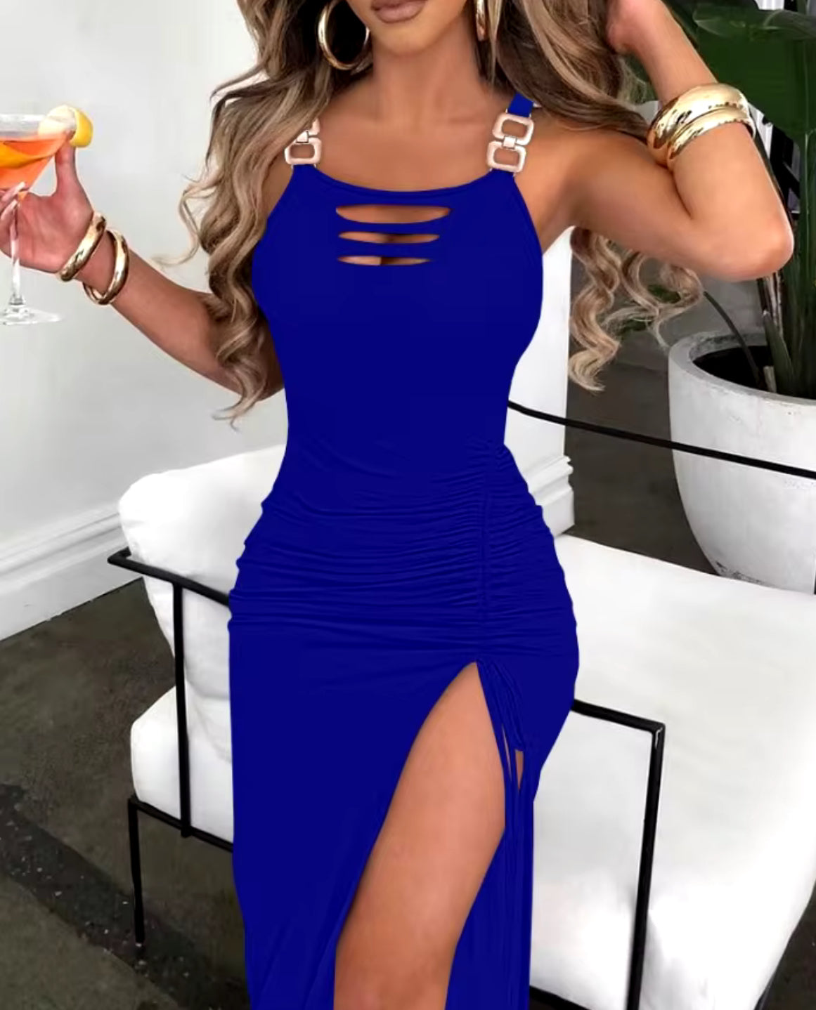 “Vegas” Elegant Bodycon, Ladder Cutout Sleeveless, Slit Buckled Drawstring Pleats Dress