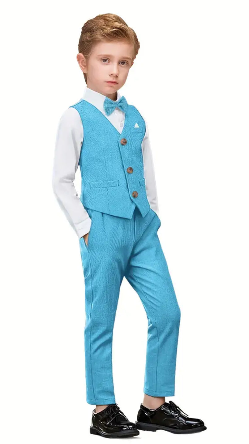 Spring Colors, 4pcs Boy's Gentleman Outfit, Bowtie & Shirt & Vest & Pants Set