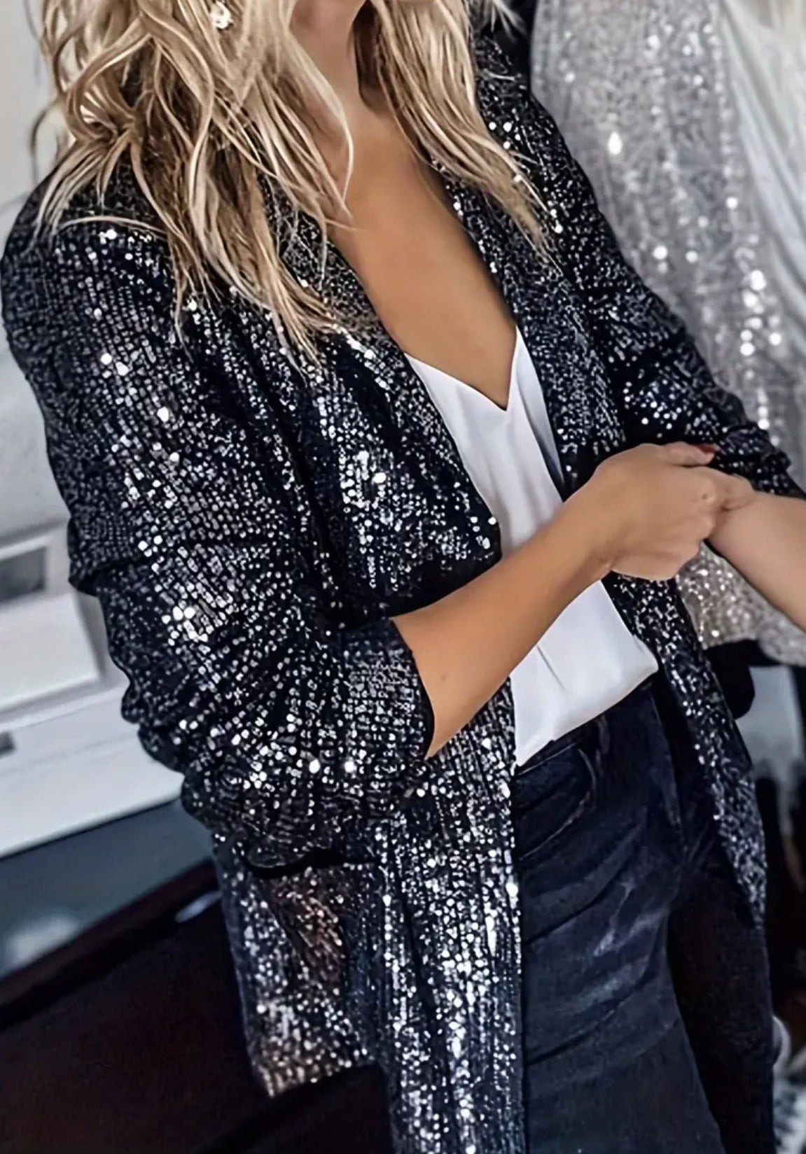 Plus Size, Women's Plus Glitter Sequins, Long Sleeve Lapel Collar Slim Fit Coat