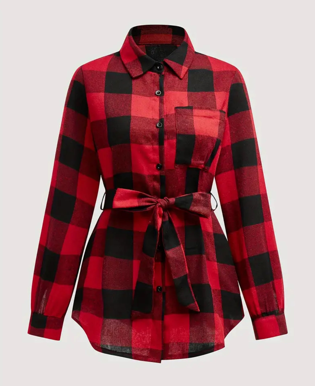 “Holly Jolly” Elegant Plaid Long-Sleeve Shirt with Belt