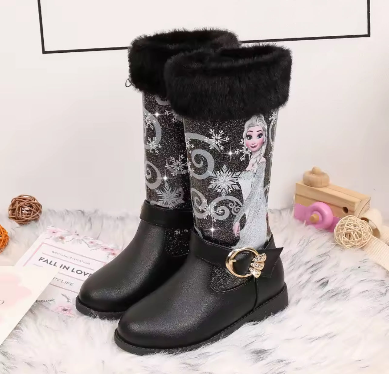“ELSA” Tall Plush Low Heel Leather Side Zipper Boots