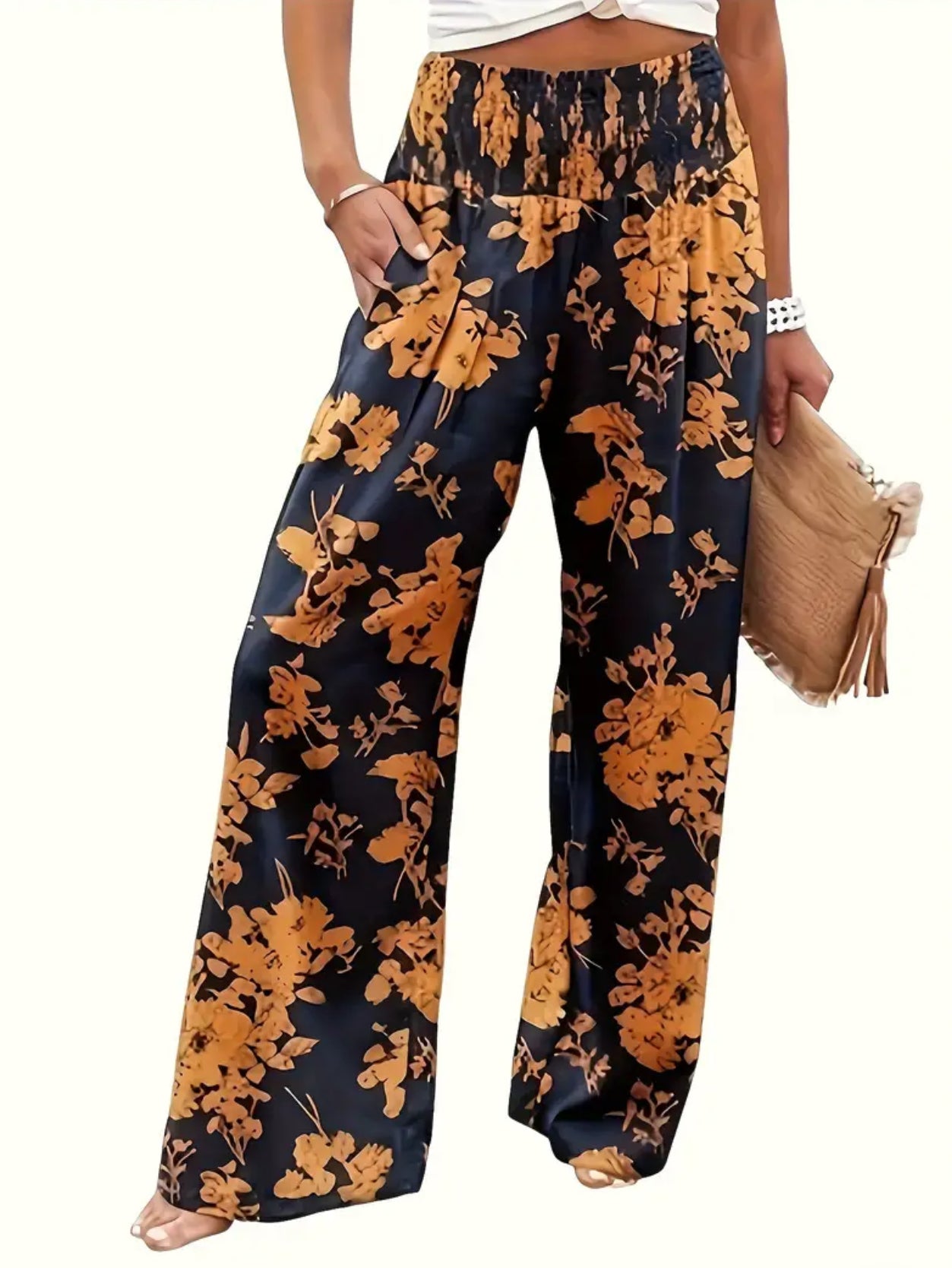 Vibrant Floral Wide Leg Pants - Shirred Waist, Loose Fit