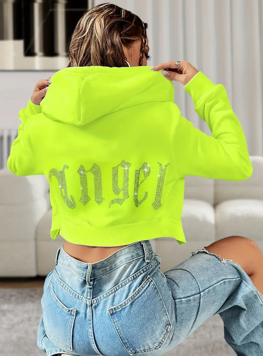 “Angel Neon U” Neon Green Casual Drop Shoulder Long Sleeve Hoodies Sweatshirt, Zipper Front