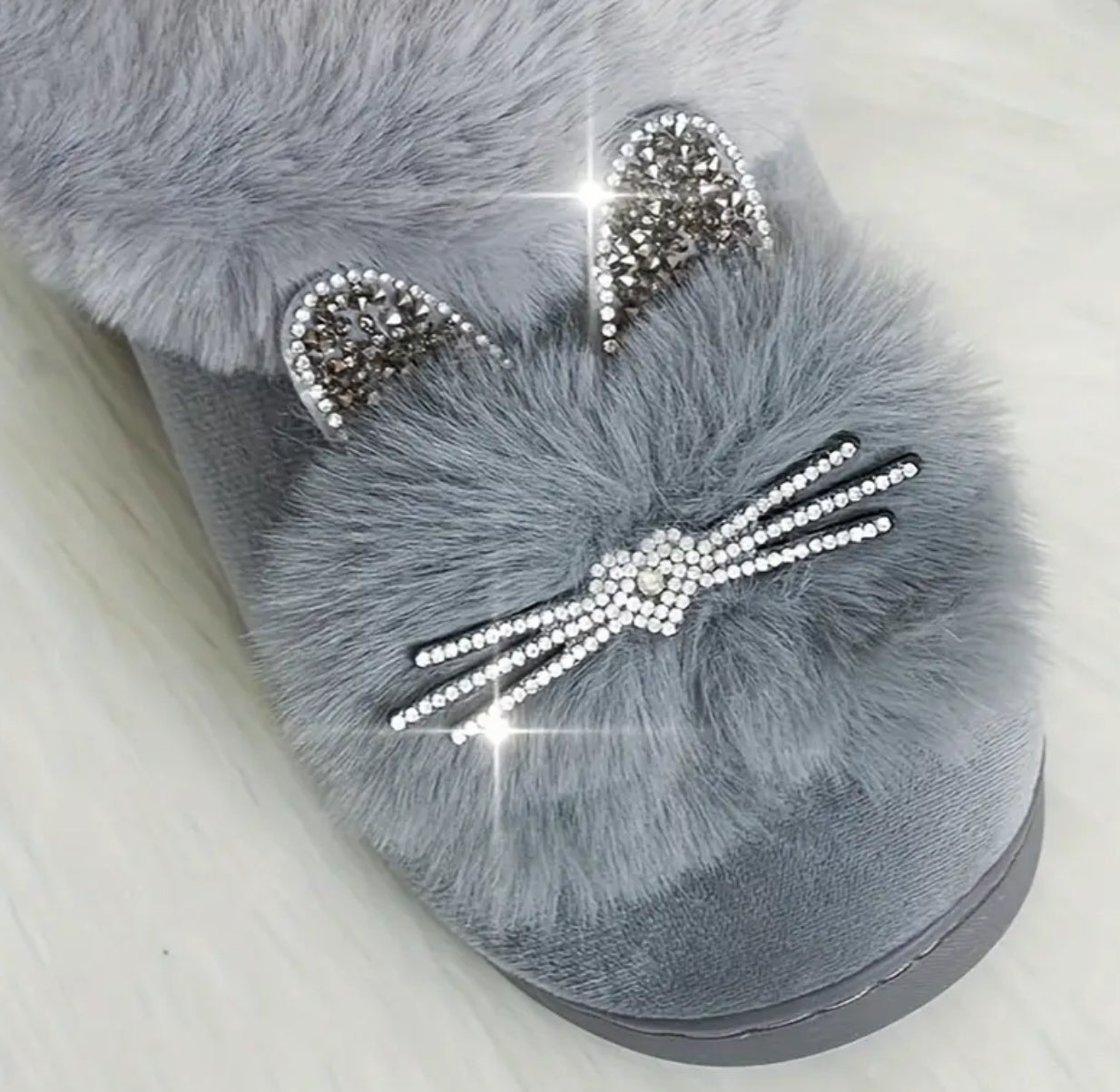 Rhinestone Plush Cat Slippers - Cozy Warm Fluffy Soft Sole Slip-On Fuzzy Home Slippers with Velvet Lining