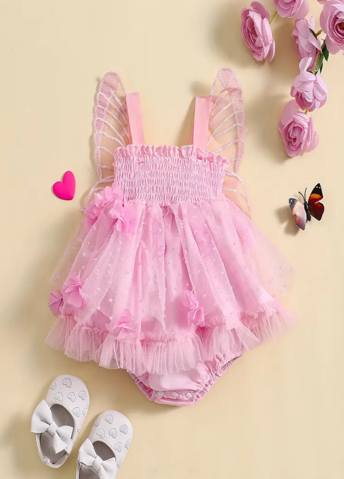 “Pink Butterfly Wings” Decor Dress, Shirred Mesh Design Cami Bodysuit