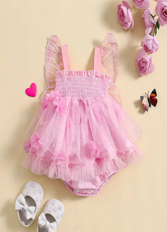 “Pink Butterfly Wings” Decor Dress, Shirred Mesh Design Cami Bodysuit