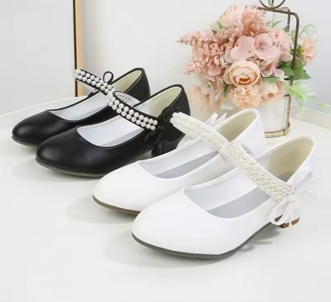 Girls ‘Elegant Pearl’ Princess Leather Bows High Heel Shoes