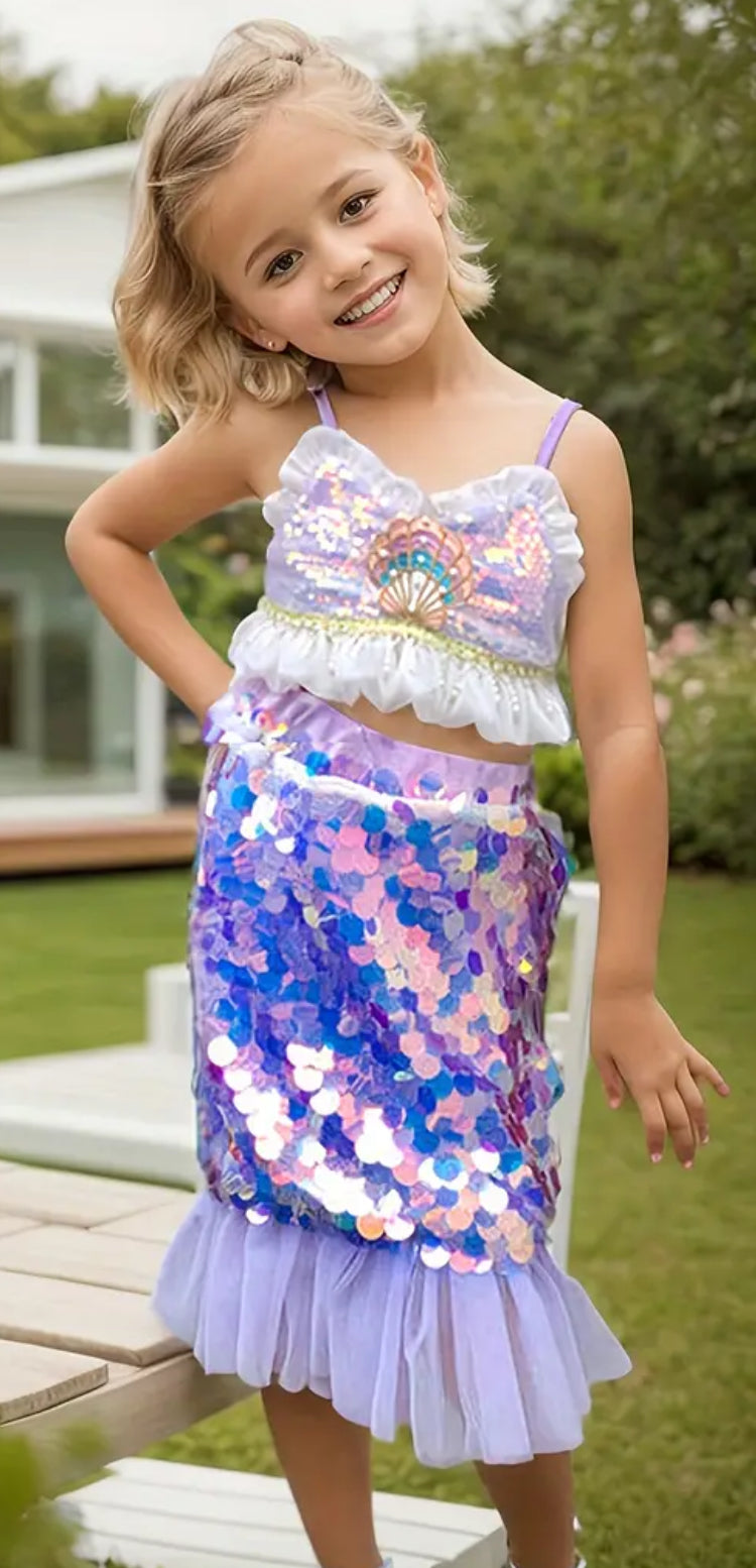 “Shiny & Stunning” Ruffle Cami Top & Mermaid Tail Skirt For Pool Party & Halloween