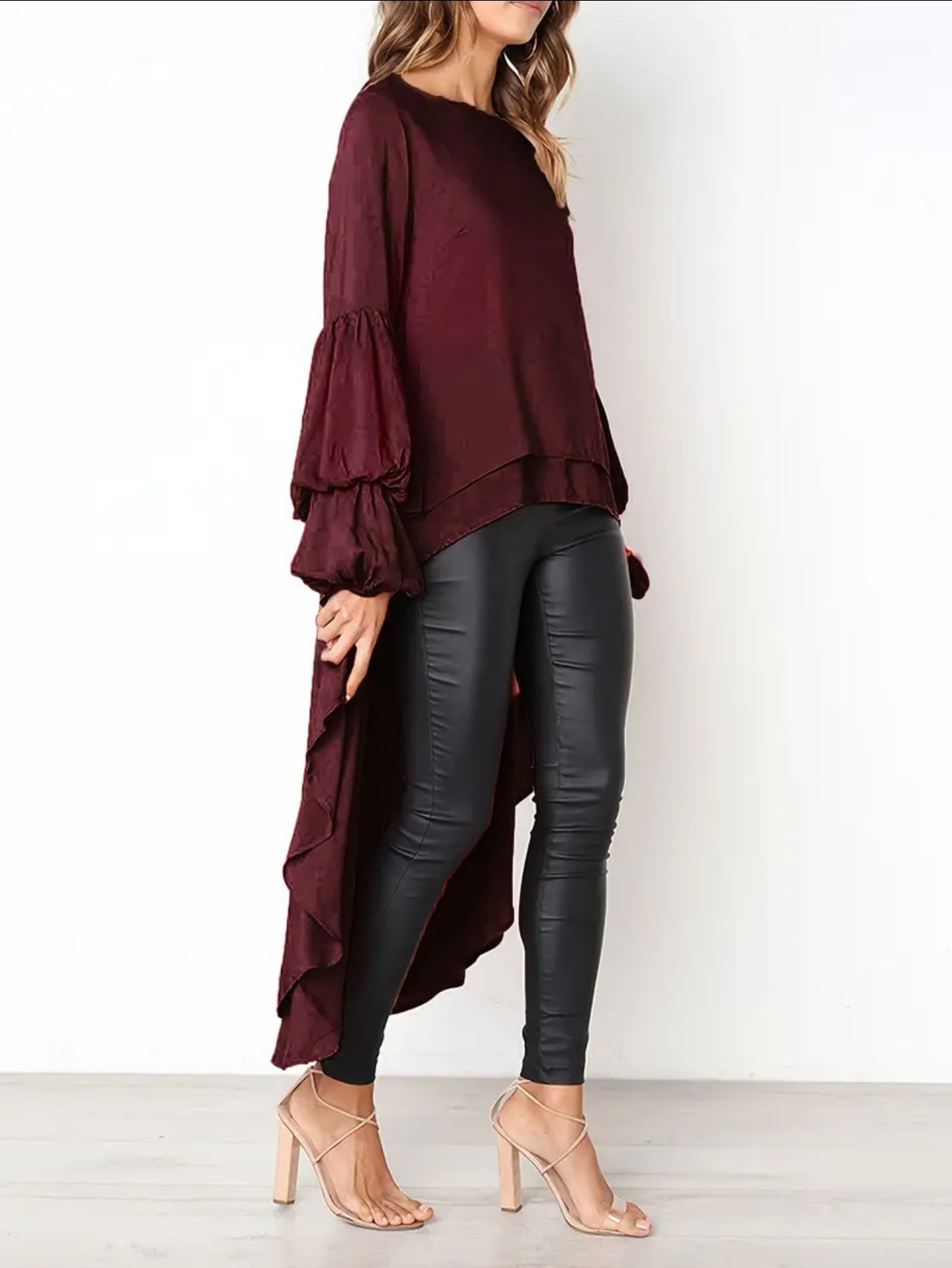 Solid Crew Neck Asymmetrical, Lantern Long Sleeve Top, Posh 💋 Mommies Collection