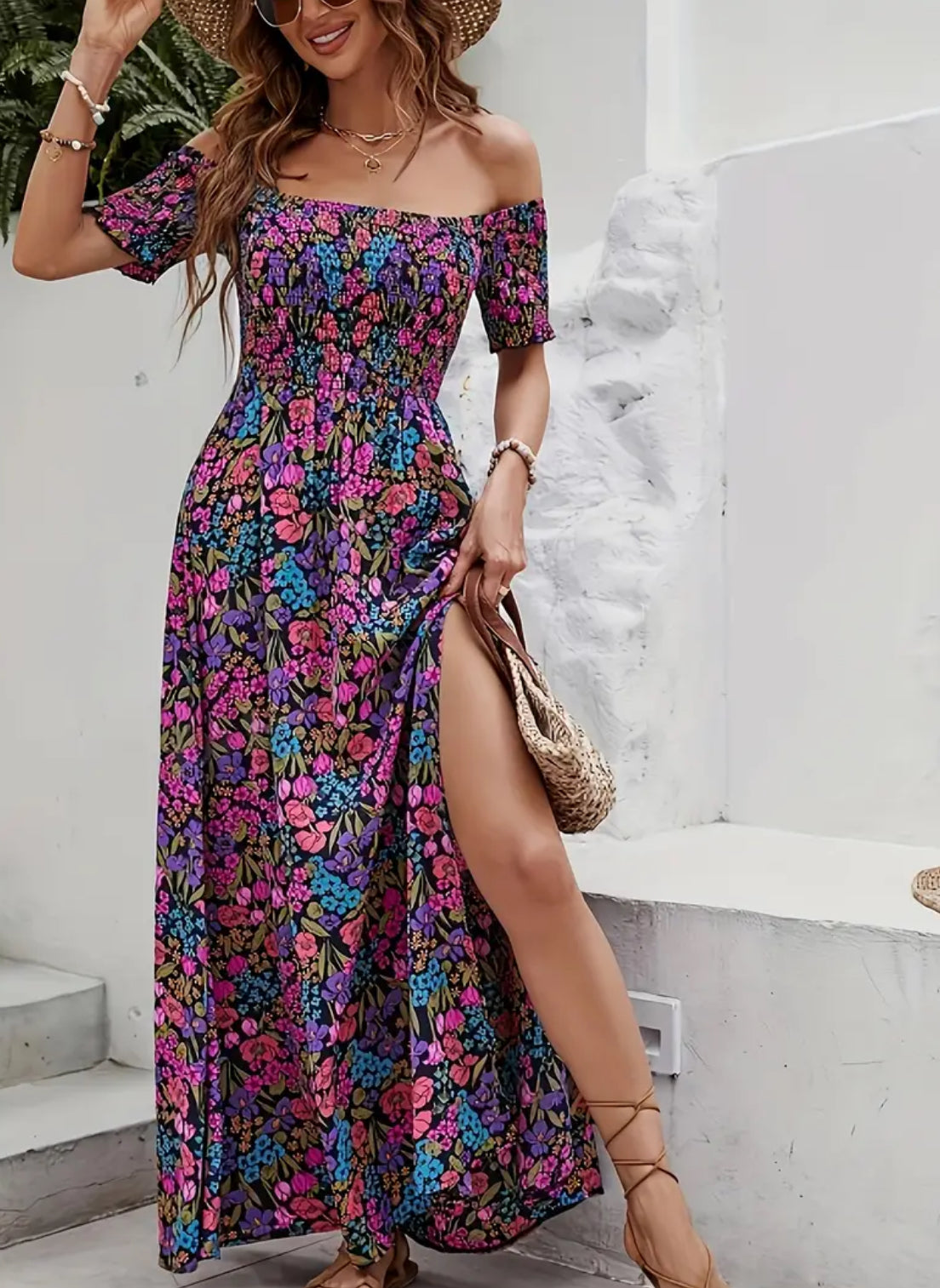 “Floral Fantasy” Off Shoulder Dress, Elegant Backless Shirred Short Sleeve Split Dress