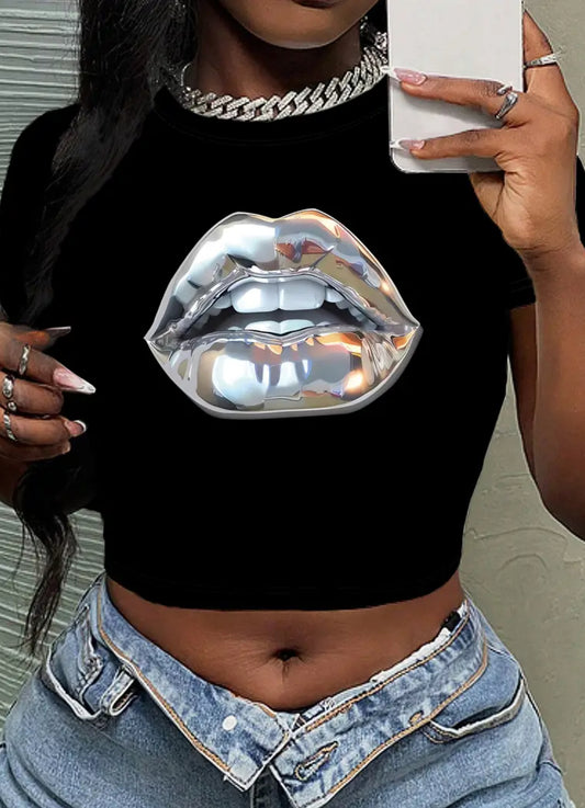 “Silver Kiss” Crew Neck, Crop Top, Women's Slim Fit,  Short Sleeve